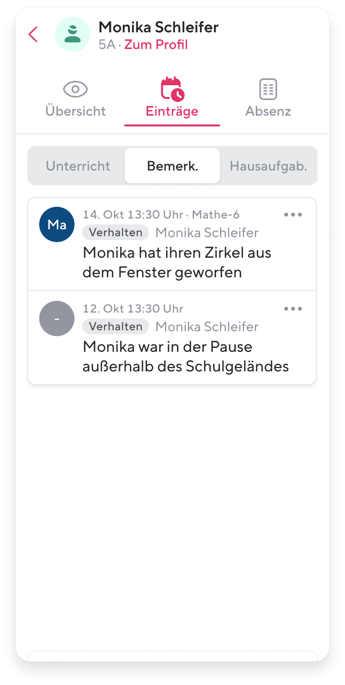 Bemerkungen zu Schülern im digitalen Klassenbuch - Smartphone Ansicht