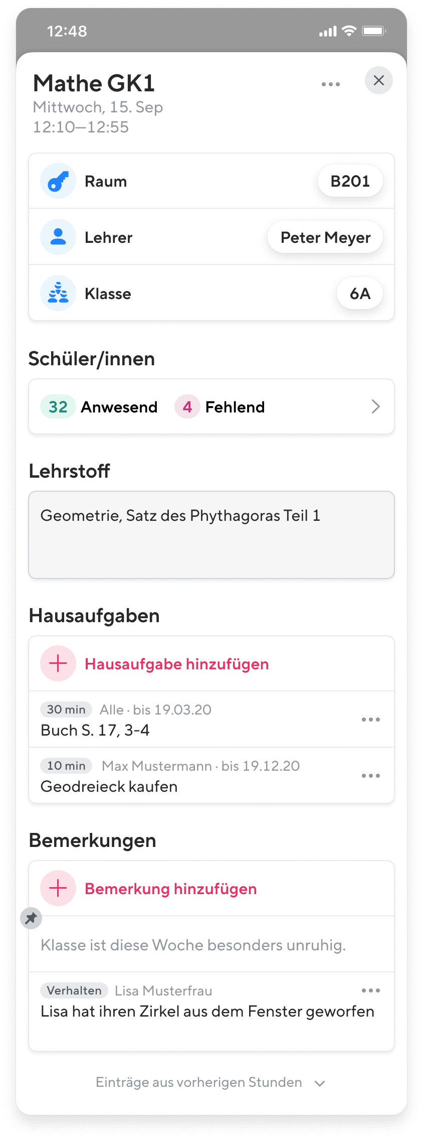 Digitales Klassenbuch von Sdui - Überblick am Smartphone über Anwesenheit, Lehrstoff, Hausaufgaben und Bemerkungen