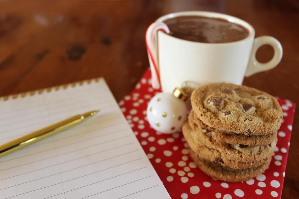 Weihnachtsfrühstück Schule - Schreibblock mit Kaffee und Cookies