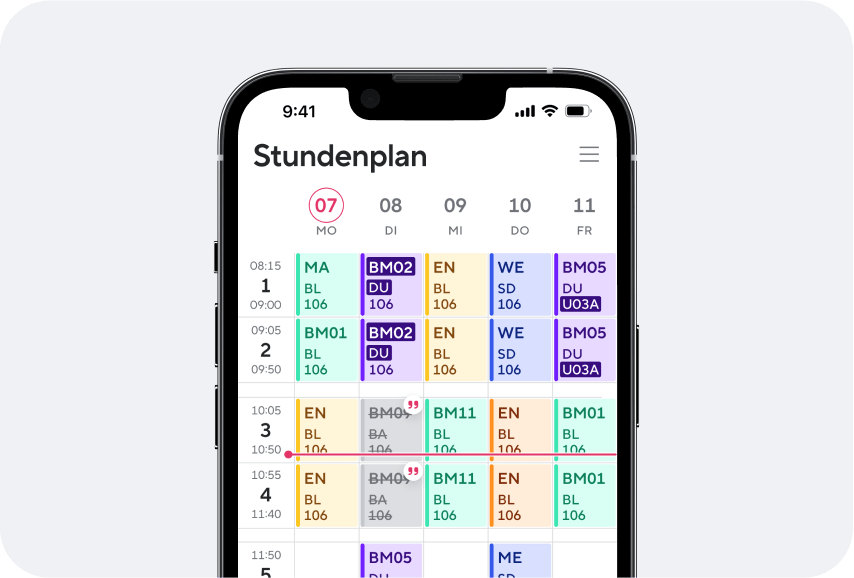 Digitaler Stundenplan in der Sdui App, in der Wochenansicht, auf einem Smartphone