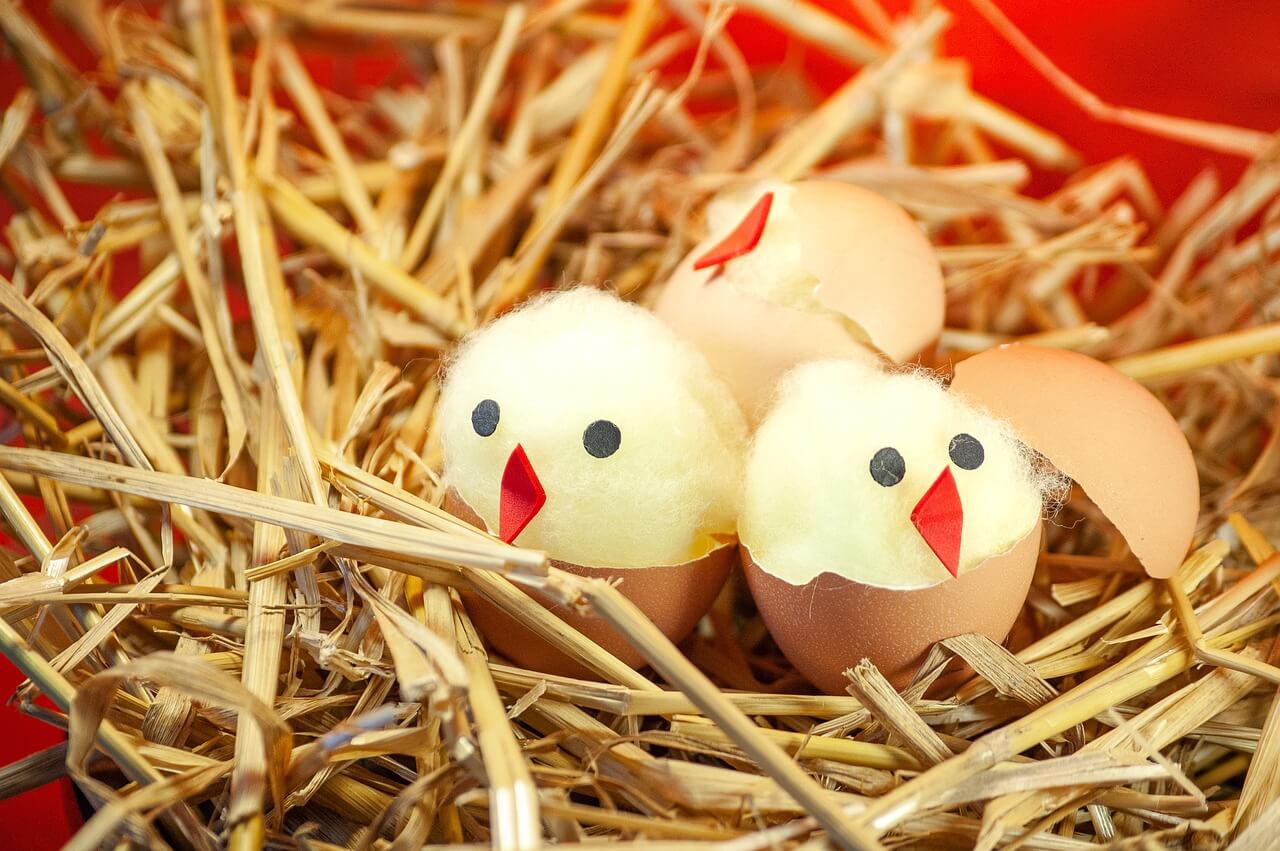 Ostern in Kindergarten und Kita - Drei Eierschalenfiguren als Küken dekoriert liegen schön angerichtet in einem Strohnest