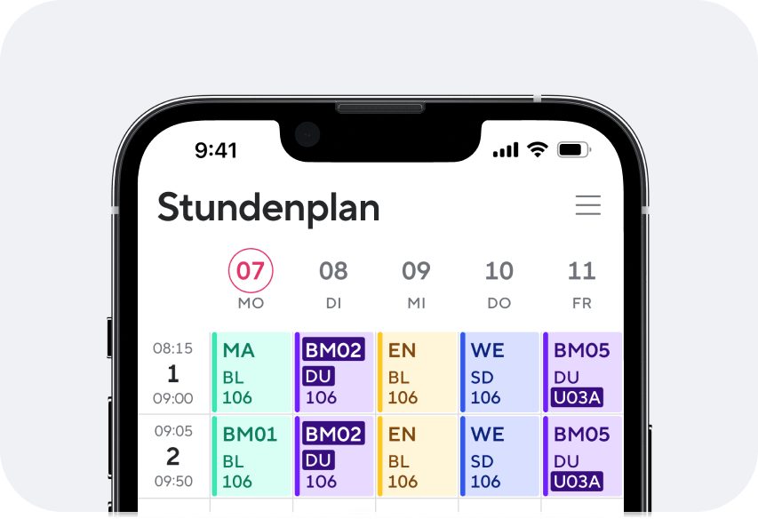 Schul-App Sdui - In diesem abgeschnittenen Bildschirmfoto aus der App erkennt man einen Stundenplan. Die Stunden haben verschiedene Farben und man kann den Tag, das Fach, das Lehrerkürzel sowie den Raum erkennen.
